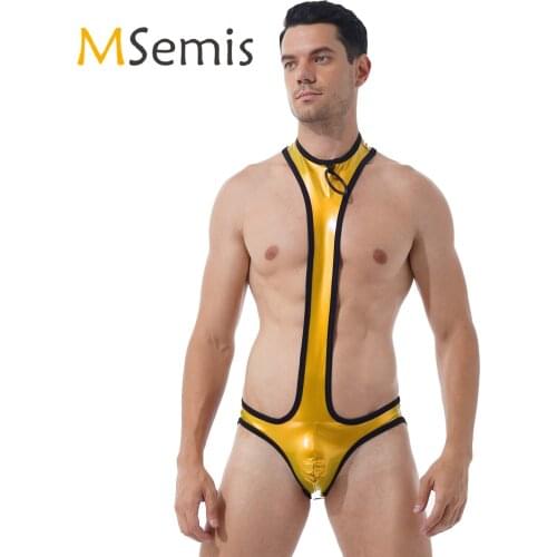 Mens Lingeire O Ring Patent Leather Bodysuit UnderwearOne-piece Round Neck Bulge Pouch Open Butt Leotard Club Stage Show Costume
