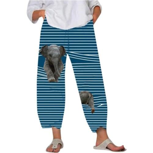 Cute Cartoon Animal Women Pants Plus Size Spring Summer New Striped Print Pants Casual Loose Oversize Loose Beach Wide Leg Pants