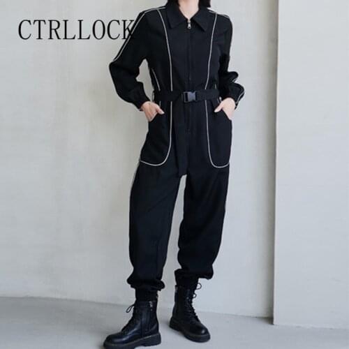 CTRLLOCK Techwear Striped Womens Jumpsuit High Waist Slim Zipper Cargo Pants Reflective Harem Pants Spring Autumn
