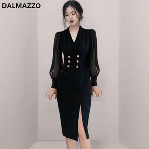 DALMAZZO 2021 New Designer Vintage Women Black V Neck Patchwork Chiffon Sleeve Double Breasted Split Long Dress Vestidos Femme