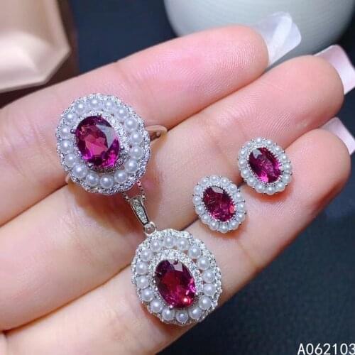 KJJEAXCMY fine jewelry 925 sterling silver inlaid natural pyrope garnet Womens classic popular pearl Ring Pendant Earring Set s