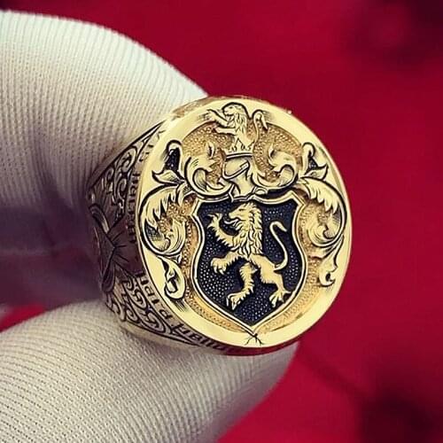 Fashion Latest Popular Hand Carved Mens British Royal Family 18K Solid Yellow Gold Fashion Jewelry Lion Badge Seal Rings