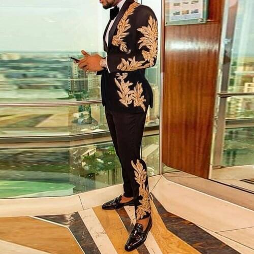 Shiny Beaded Gold Embroidery Mens Slim Fit Suits 2 Piece Sets Groom Tuxedos Male Business Blazer(Jacket +Pants) Terno Masculino