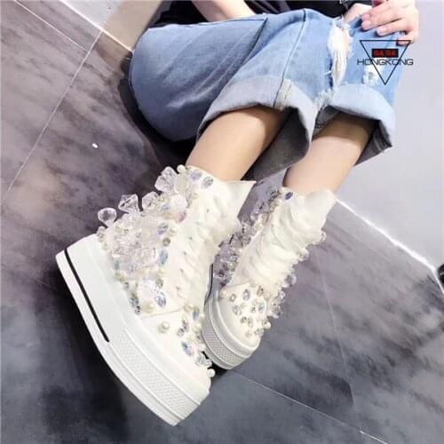 New spring hand-sewn Austrian rhinestone platform lace-up high-top casual shoes womens shoes
