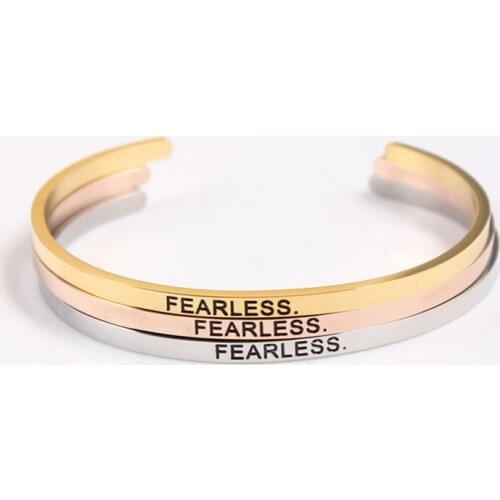 New Stainless Steel Engraved (FEARLESS) Positive Inspirational Quote Hand Imprint Cuff Mantra Bracelet Bangle