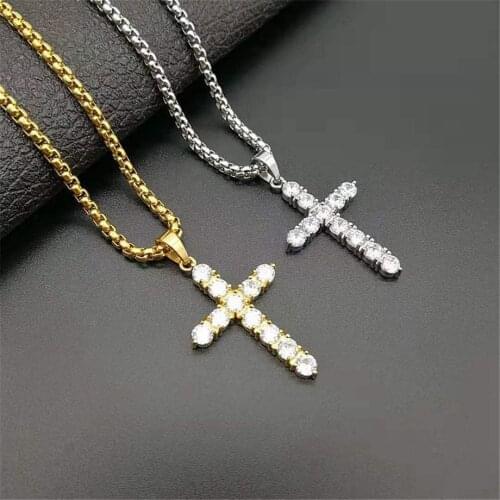 Iced Out Zircon Small Cross Necklace Chain Womens Hip Hop Jewelry Stainless Steel CZ Bling Cross Religious Pendant Necklace