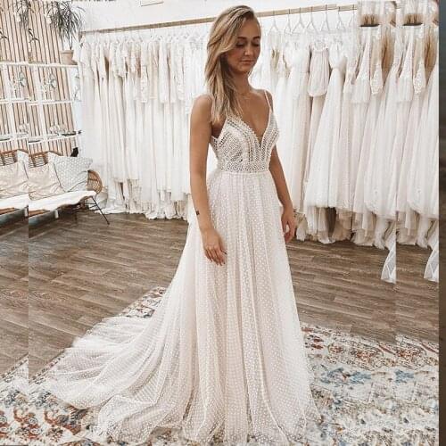 Princess Wedding Dress Bohemian Rustic Boho Civil Sweep Train Bridal Gown Sleeveless Spaghetti Strap Beach Elegant For Women