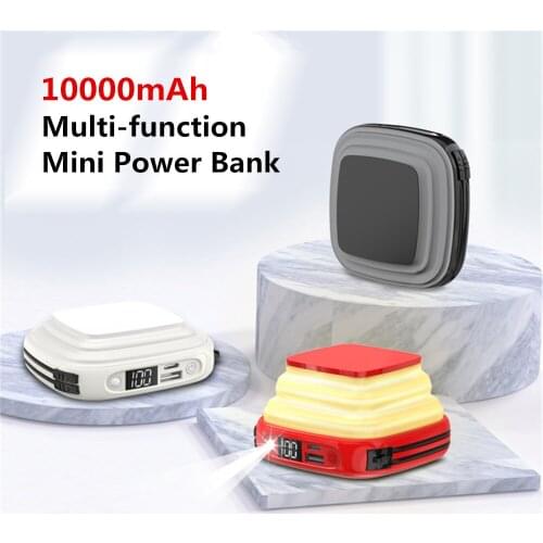 Portable Mini Power Bank Digital Display Battery Charging Pack Powerbank 10000mAh Backup Power Bank USB Type-C Lightning Cable