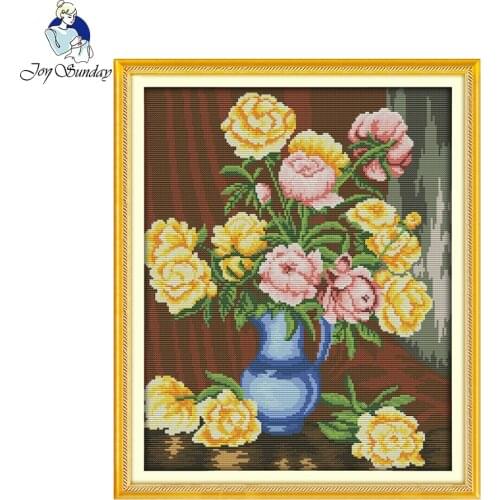 Joy Sunday The Peony Vases Pattern Handmade Counted Cross Stitch Set Embroidery Needlework Kits Cross Stitching Home Decoration