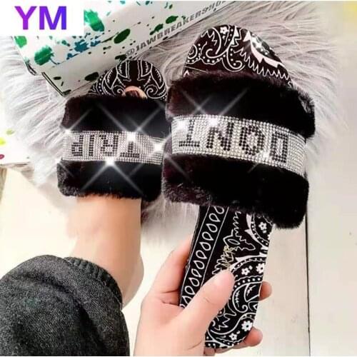 Printing 2021 Bling Shoes Womens Plush Sandals Fur Slides Summer Outdoor Sandals Casual Shoes Home Comfortable Shoes Dropship