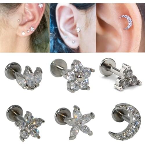1PC Marquise Crown Flower Moon Zircon Ear Studs Tragus Cartilage Helix Labret Flat Base Earring Fashion Body Piercing Jewelry