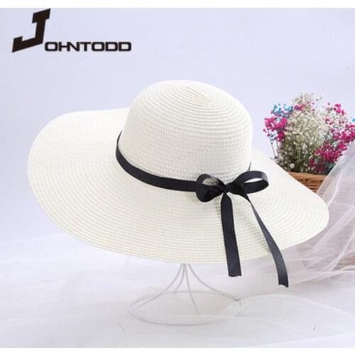 Summer Brand Women Big Wide Brim Ribbon Sun Hat Black Bow Beach Hat Girls Outdoor Travel Floppy Straw Hats UV Protection Panama