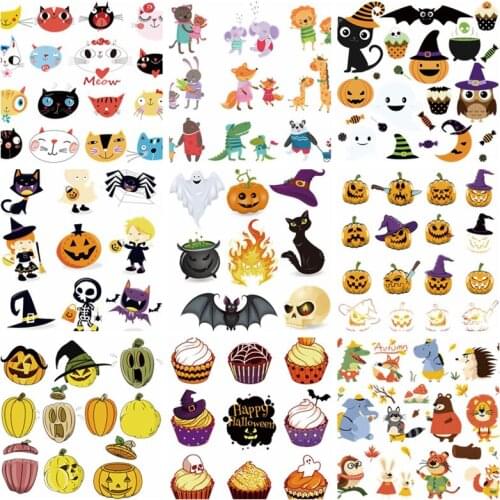 Iron on Animal Skull Pumplk Halloween Patches Set for Kids Clothing T-shirt Applique Heat Transfer Patch Stickers Thermal Press