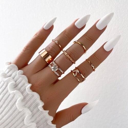 7Pcs/set Vintage New Crystal Gold Rings For Women Boho Aesthetic Wave Geometric Set Female Simple Korean Jewelry Женские Кольца