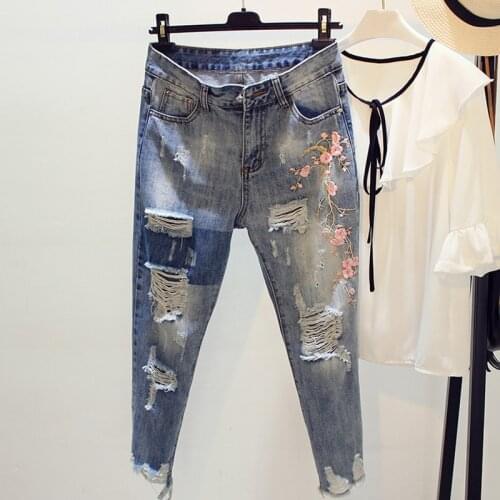 Woman Jeans High Waist Wide Leg Denim Clothing Blue Streetwear Vintage Little Feet Pants Hole Nine Points Straight Pants Female