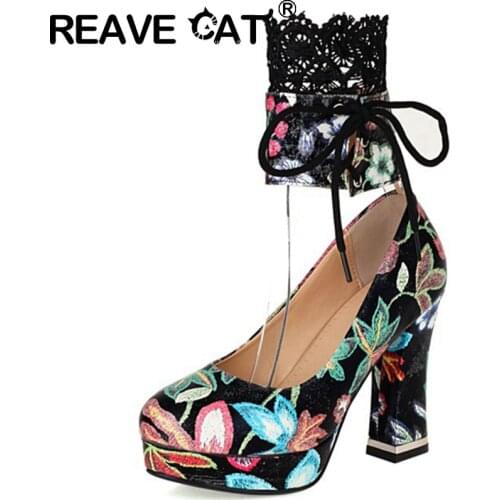 REAVE CAT New 2021 Women Pumps Round Toe 10.5cm Block Heels Printed Flower Lace Stylish Exotic Big Size 34-43 Casual A3771
