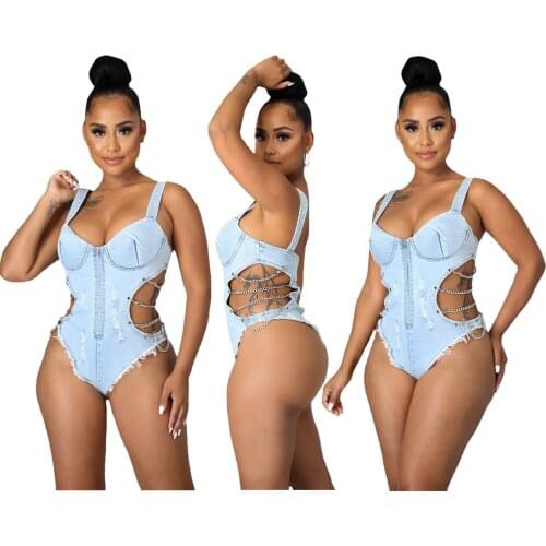 2021 Best Quality Fashion Design Women Jumpsuit Denim Low Cut Sling Hollow Out