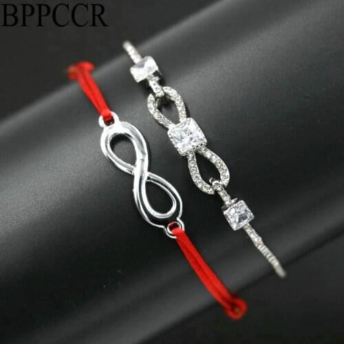 2pcs/set Lucky Digital 8 Infinity Bracelet Red String Rope Thread Braid Bracelets Crystal CZ Women Lovers Pulseira Jewelry