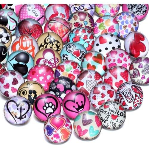 50pcs/Lot Cute Love Hearts Theme Mix Pattern Glass Charms 18mm Snap Button Jewelry For 20mm Snaps Bracelet Snap Jewelry KZHM070