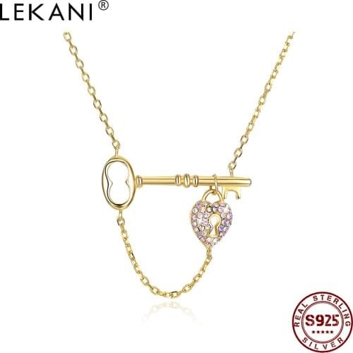 LEKANI Key Of Love Pendant Necklaces For Women 925 Sterling Silver Colorful Austria Crystal Golden Chain Necklace Wedding Gift