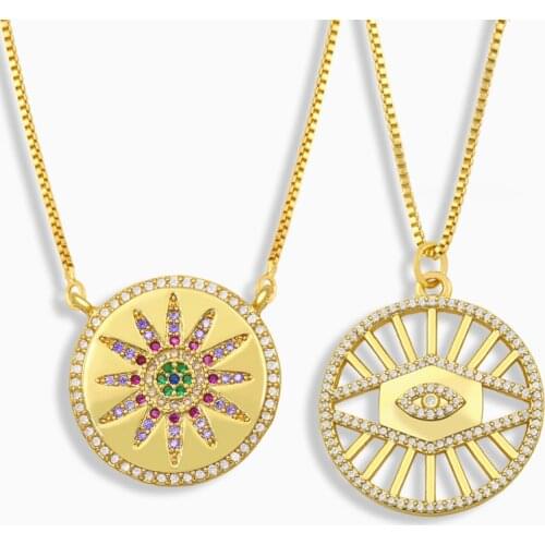 FLOLA Round Evil Eye Necklace For Women Gold Vermeil Sun Necklace Pendant CZ Micro Pave Zirconia Turkish Jewelry Gifts nket97