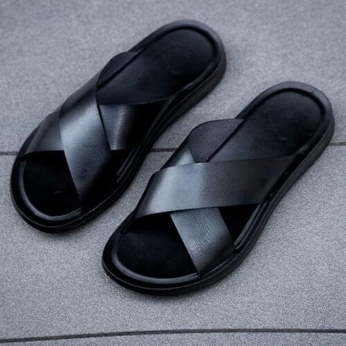 Italian Leather Slippers For Men 2021 New Hotel Beach Summer Shoes High Quality Big Size 47 Slip On Light Flats Male Flip Flops