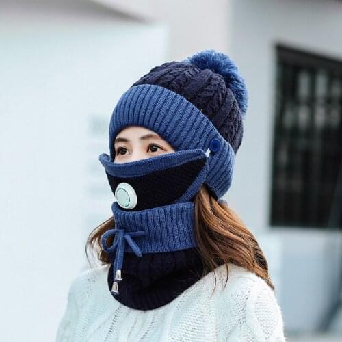 Discount 2020 hats winter womens girl mask hat scarf thick wool inside knitted hat scarf set 3 pieces of winter riding fashion