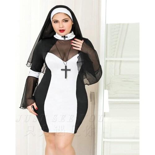 4 Piece Set Womens Plus-Size Sexy Nun Costumes Set, Sexy Lace of Dance Cosplay Dress Outfit