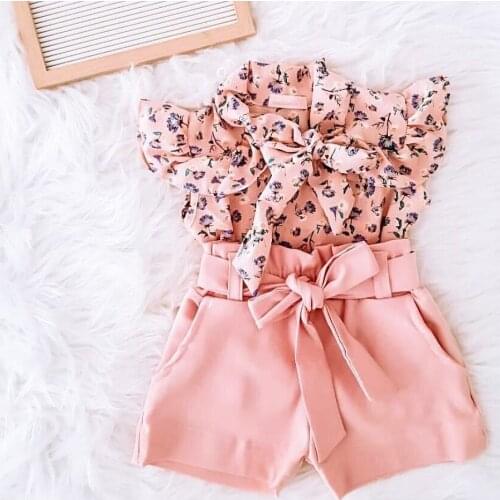 1-6Y Fashion Baby Clothing Sets Kids Girls Floral Print Shirt Tops Bow Shorts Suit Summer Children Clothes Set