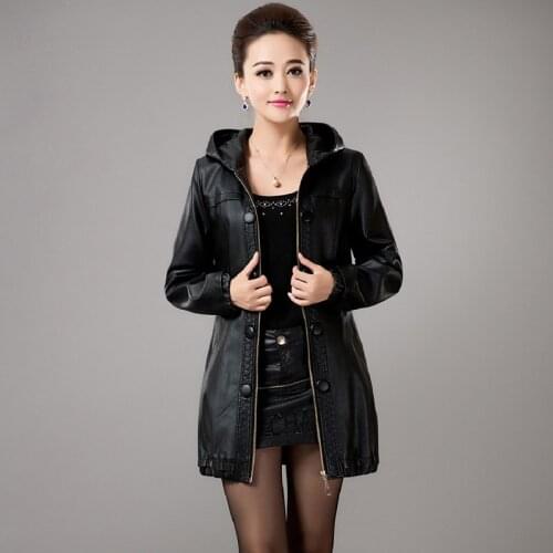 Womens Pu Leather Jackets Large Size New Ladies Single-breasted Hooded Faux Sheepskin Coat Windbreaker Female Trench Outerwear