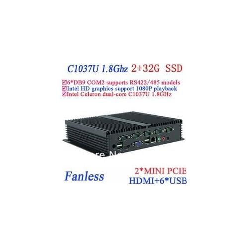 Multi functional IPC fanless mini pc 2G RAM 32G SSD Celeron c1037u 1.8 GHz 6 COM VGA HDMI Mini PCIe windows or Linux