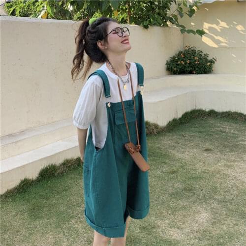 Fashion Suit Female Summer 2021 New Korean Student Loose T-shirt + High Waist Casual Bib Shorts Two-piece Suit