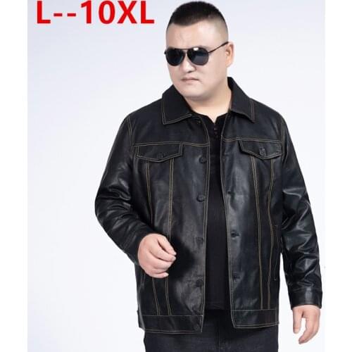 10XL 8XL 6XL Mens Jacket Autumn Winter Turn-down Collar Zipper Faux Leather Motorcycle Jacket Short Coat Windproof Warm Jacket