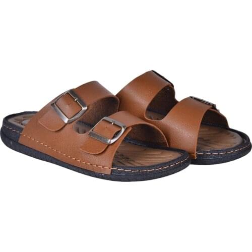 Male summer Tan Brown Double Buckle Slippers Heel Support Anatomical Base Adjustable Top Strap Soft Outsole Quality Elegant 2021