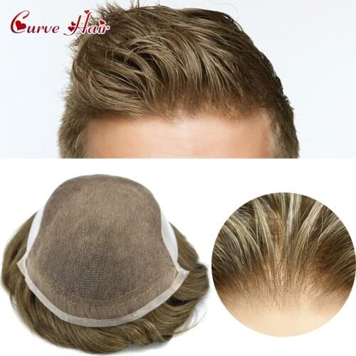Human Hair Mens Toupee Front French Lace Natural Hairline Thin Skin Hairpieces Dark Ash Blonde Color Hand Tied Remy Hair Men Wig