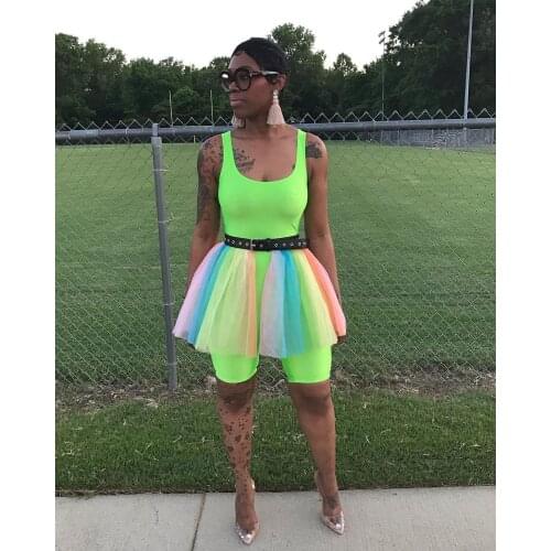 BKLD New 2019 Women Neon Rompers Jumpsuit Summer Clubwear Women Sleeveless Backless Bodycon Romper With Colorful Tutu Sashes