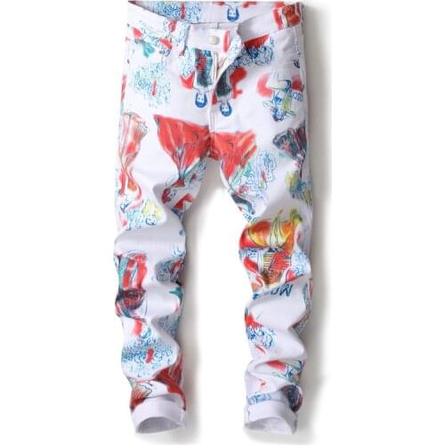 New Mens male casual fashion beauty drawing printed jeans Slim skinny letters painted stretch denim pants trousers