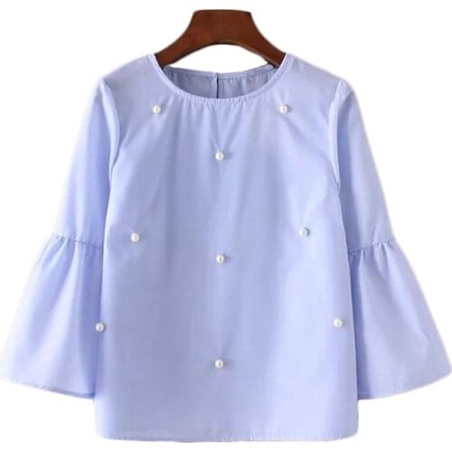 Danjeaner Pearls Beading Solid Shirts Flare Sleeve Cute Chic Three Quarter Sleeve Blouse Ladies Fashion Casual Tops Blusas