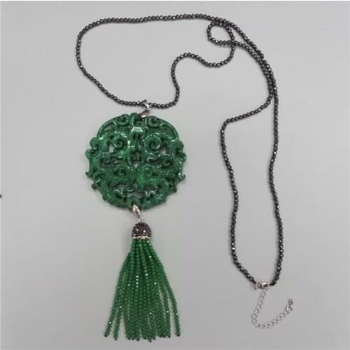 Charms Classic Traditional Chinese Ancient Vintage Pattern Green Stone Beaded Tassel 3Mm Angular Hematite Chain Pendant Necklace