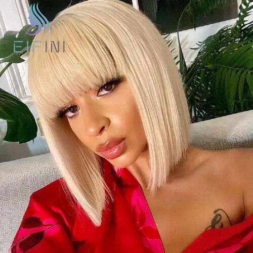 Short Straight Full Machine Made Bob Wigs With Bangs Remy Brazilian Human Hair For Black Women No Lace Blonde Color Glueless Wig