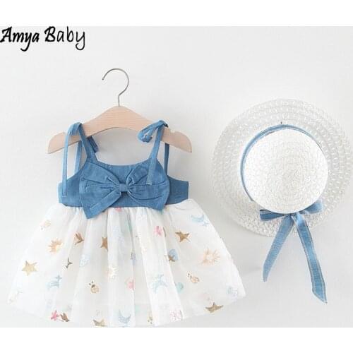 Baby Girls Dress 2020 Summer Blue Denim Mesh Patchwork Embrodiery Birthday Party Dress Infant Clothes Baby Girl Dresses With Hat