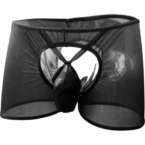Hollow Bandage U Convex Mens Sexy Underwear Erotic Glass Silk Front Back Opening Boxer Shorts Gay