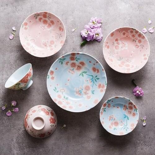 Sakura Series Ceramic Flat Plate Japanese Underglaze Tableware Embossed Sakura Plate Plates and Bowls Dinner Set Plates