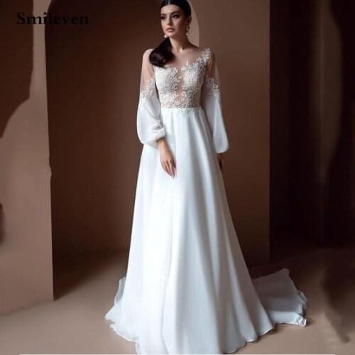 Smileven Bohemian Lace Wedding Dress A Line Puff Long Sleeve Chiffon Bridal Gowns Buttons Back vestido de noiva 2021