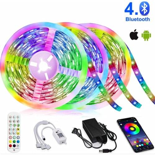 Music / Bluetooth LED Strip Lights RGB 5050 2835 Flexible Lamp Ribbon Diode Tape DC12V 5M 10M 20M IR Remote Controller+Adapter