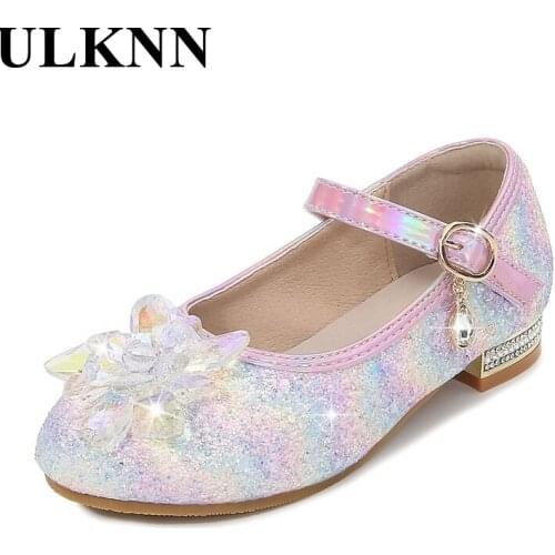 ULKNN Baby Hight Heel Shoes Pink Blue Leather Shoes For Girls Princess School Single Shoe Summer Breathable Rhinestone Size25-40