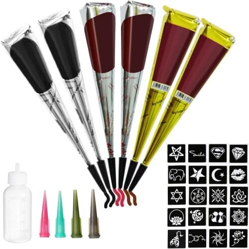 DIY Temporary Tattoo Templates Kit Black Herbal Henna Cones Body Art Paint Ink DIY Natural Color Temporary Waterproof Tattoo