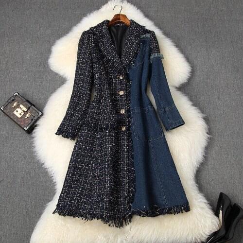 European and American womens clothing 2019 winter new style Long sleeve lapel Denim patchwork tweed Fashion coat