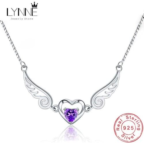 Hot Fashion 925 Sterling Silver Angel Wing Zircon Collarbone Necklace Purple Rhinestone Heart Pendants Necklaces Women Jewelry