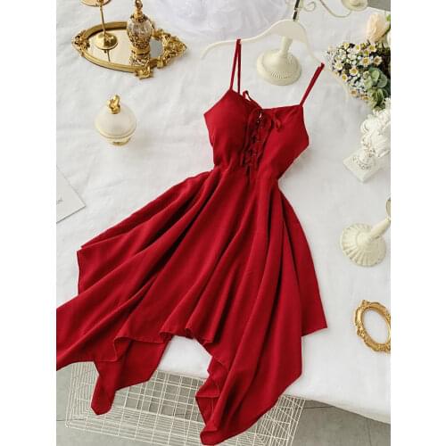 Summer 2020 Women Irregular Hem Beach Party Mini Dress Vestidos Sexy Sleeveless High Waist Drawstring Red/Green Strap Dress New